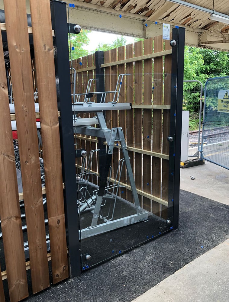 glass installed at Basingstoke train station bike storage unit