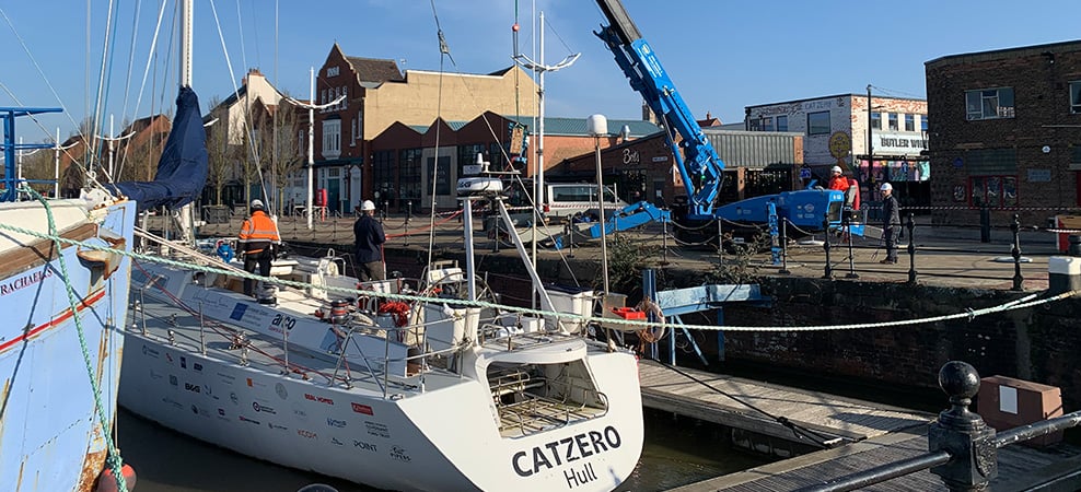 Maeda MC815 mini crane suporting maintenance on CatZero, a charity-owned ocean-going yacht based in Hull