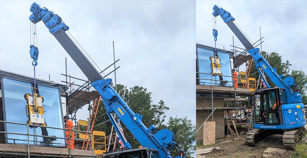HIRD - Maeda cc985s-1 - crawler crane and kappel DSZ2 Vacuum lIfter installing first floor glass panels